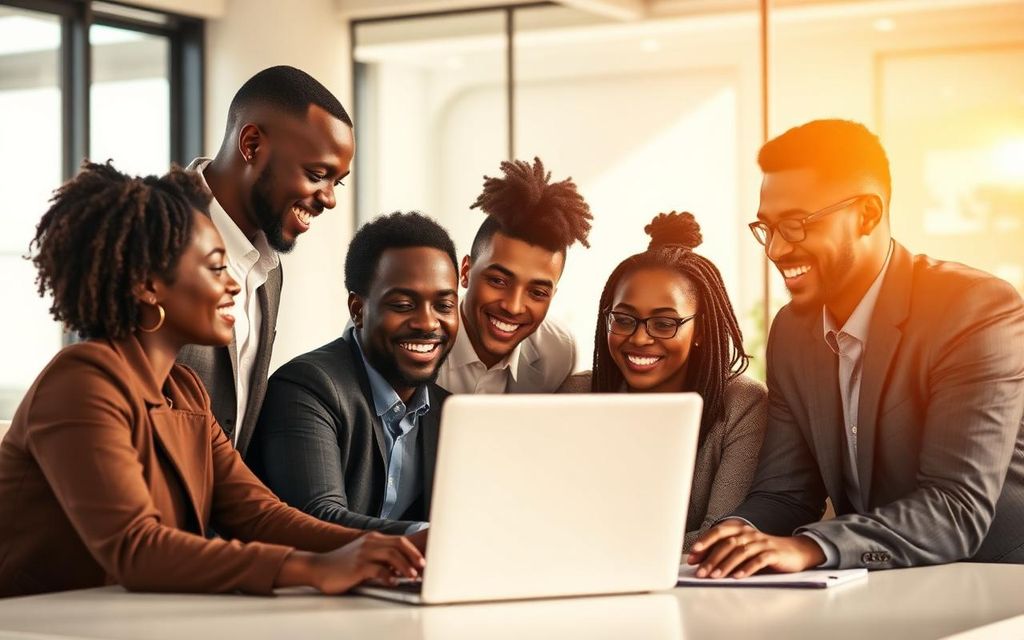 Équipe GTS collaborant autour d'un ordinateur
