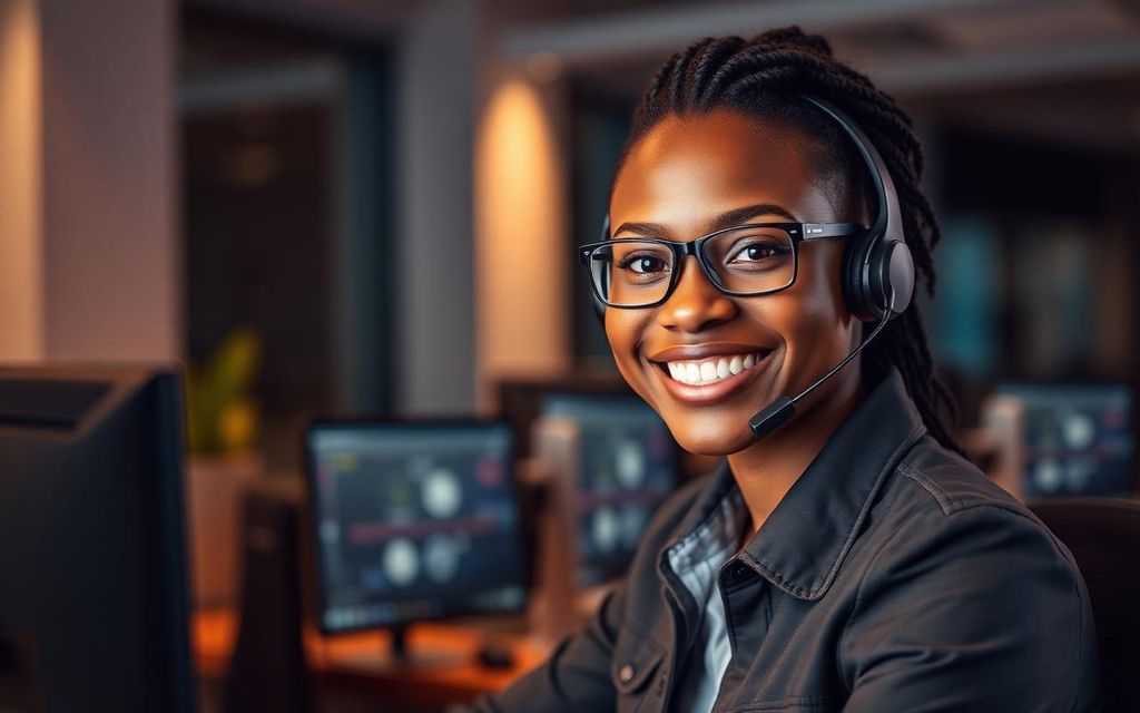 Technicienne support GTS souriante avec casque audio