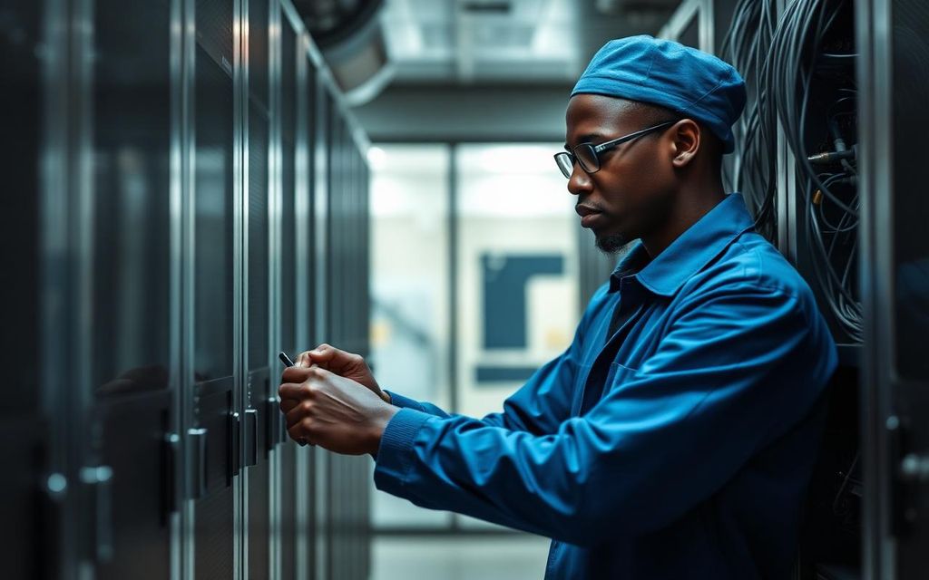 Technicien GTS travaillant dans une salle serveur